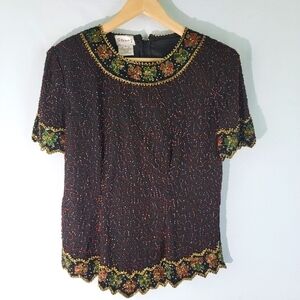 Stenay Black Multi Full Beaded 100% Silk Blouse Sz L Short Sleeve Holidays Lined